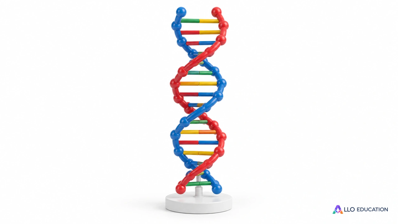 Double hélice d’ADN représentée par un objet sur un socle clair, annonçant l’information génétique.
