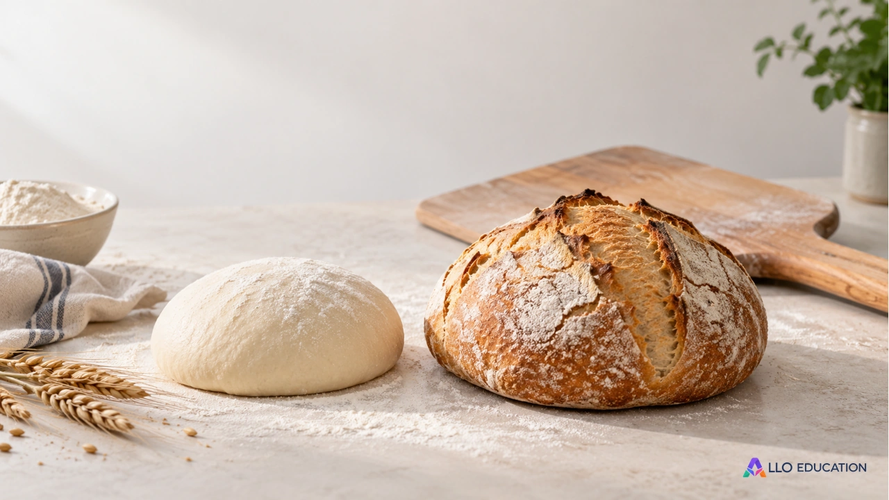 Un pain et un pâton sur un plan de travail clair annoncent les choix de production d’une boulangerie.