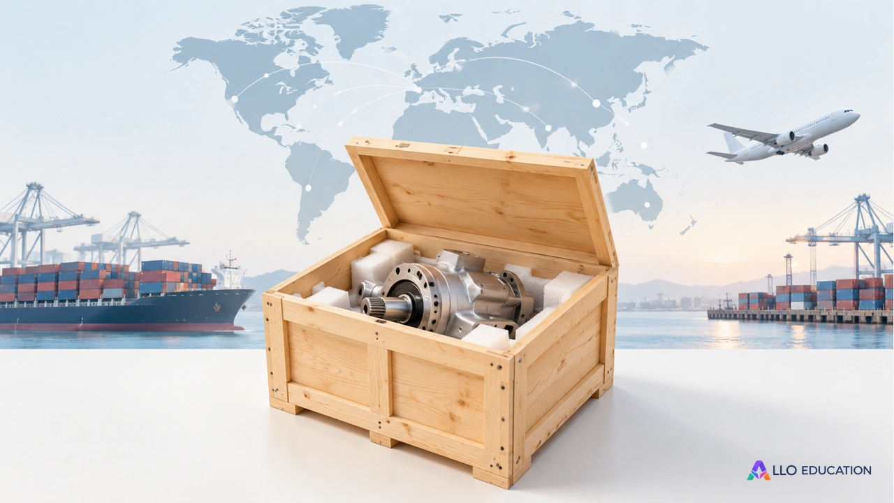 Une caisse et une pièce mécanique annoncent les échanges de biens entre pays.