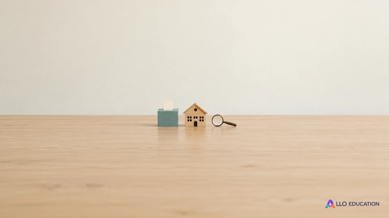 Une petite urne verte, une école miniature et une loupe sur une table claire.