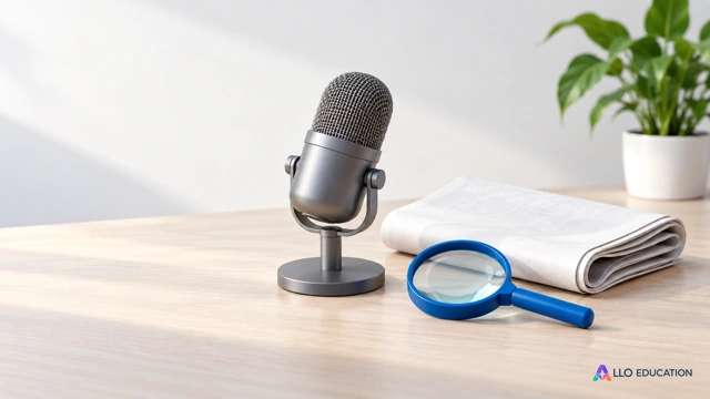 Un microphone gris, un journal vierge et une loupe bleue, symboles d’une information à vérifier.