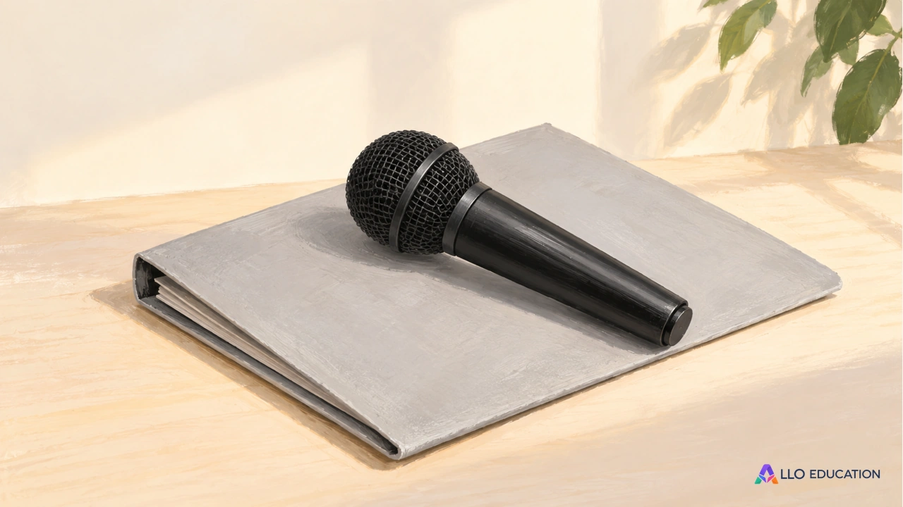 Un microphone sans marque repose sur un dossier fermé et uni.