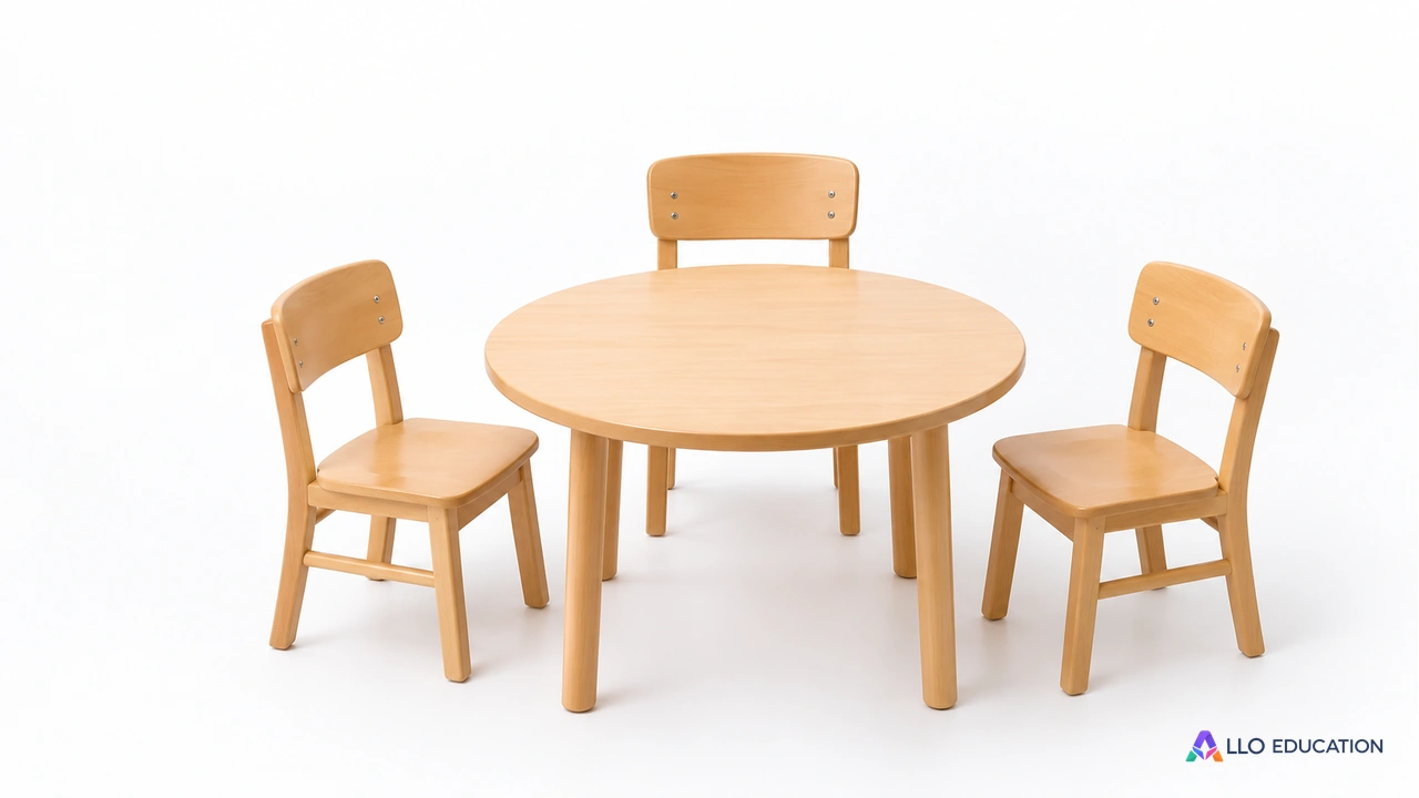 Trois chaises en bois autour d’une table ronde vide, un espace pour une discussion commune.