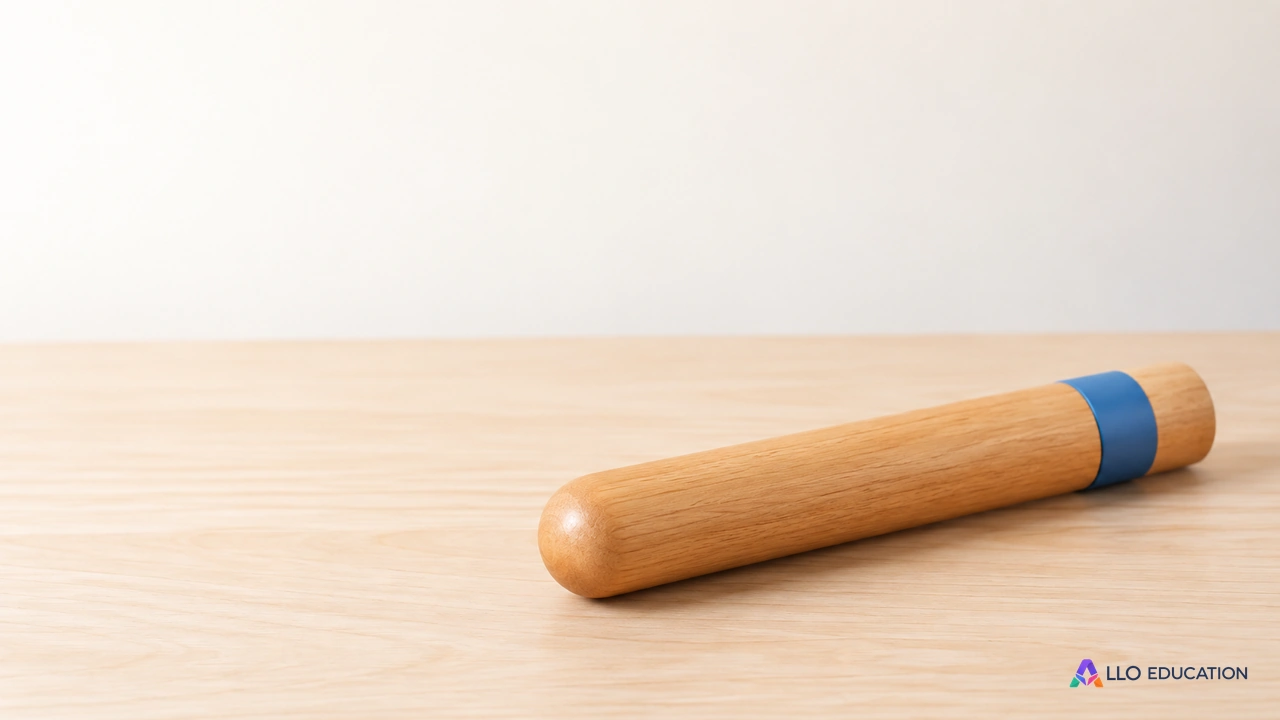 Un bâton de parole en bois uni posé sur une table claire.