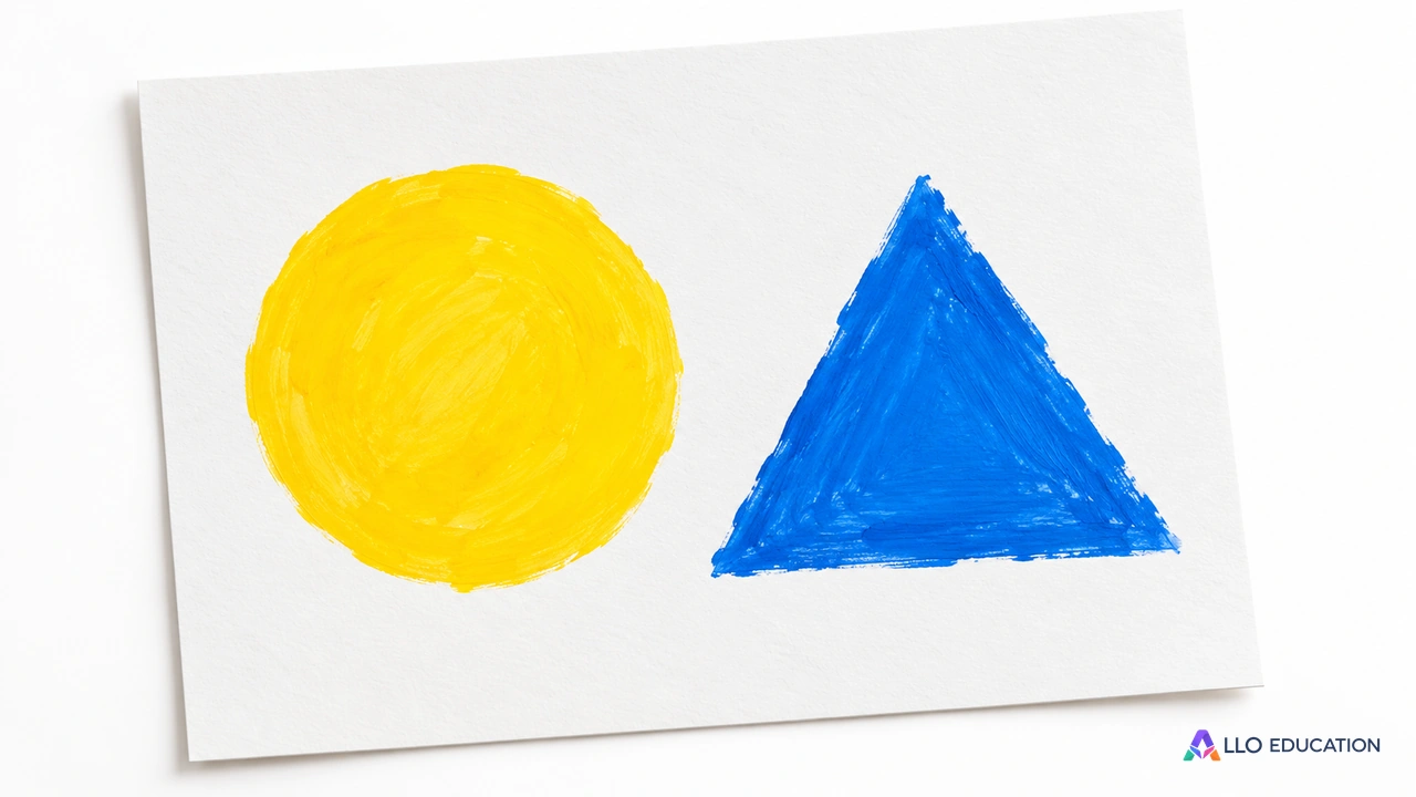 Une seule feuille portant un cercle jaune et un triangle bleu, prête pour un dessin collectif.