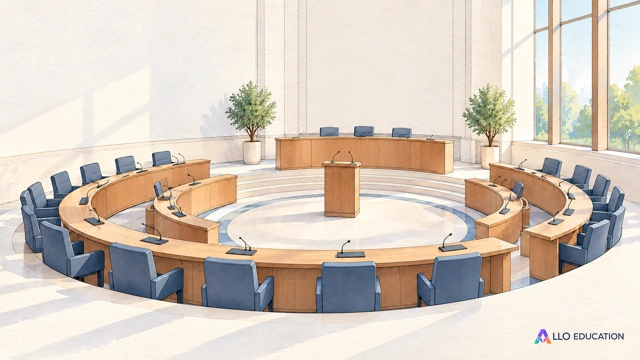 Un hémicycle vide fictif, avec des sièges en arc autour d’un pupitre.