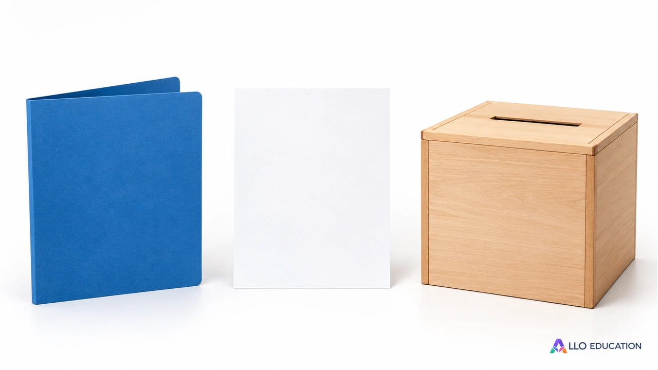 À gauche un dossier cartonné bleu sans texte ; au centre une feuille blanche ; à droite une urne pédagogique en bois clair sans inscription.