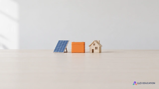 Un petit panneau solaire, un boîtier et une maison en bois évoquent production, stockage et usage.