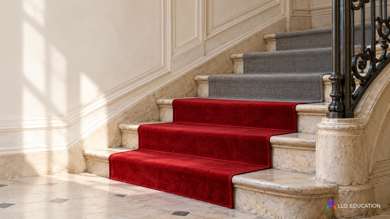 Fragment d’escalier : un tapis rouge cède la place à une toile grise.