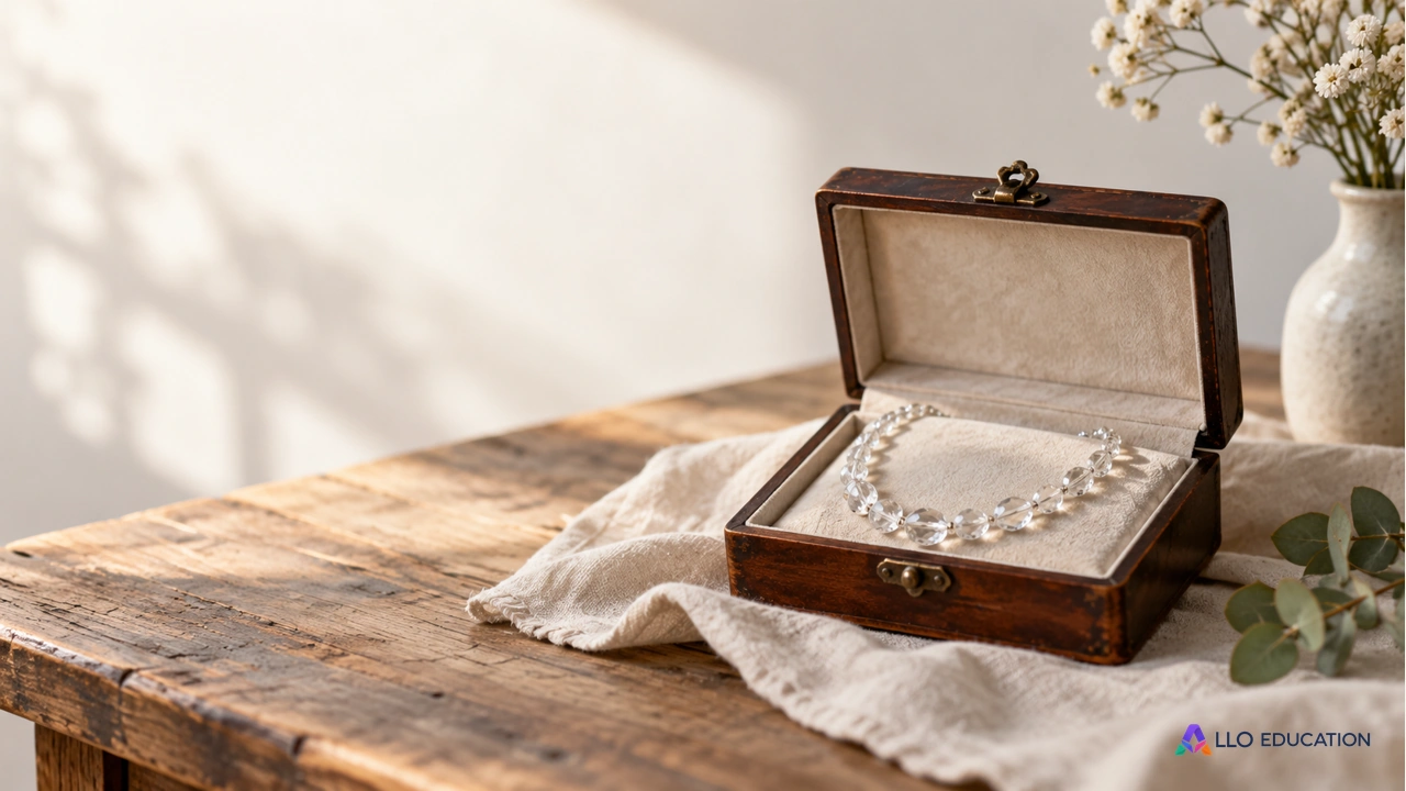 Un collier de pierres transparentes dans un écrin sur du bois patiné.