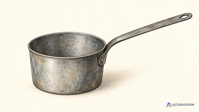 Une casserole ancienne en métal clair, avec un long manche, isolée sur un fond ivoire.