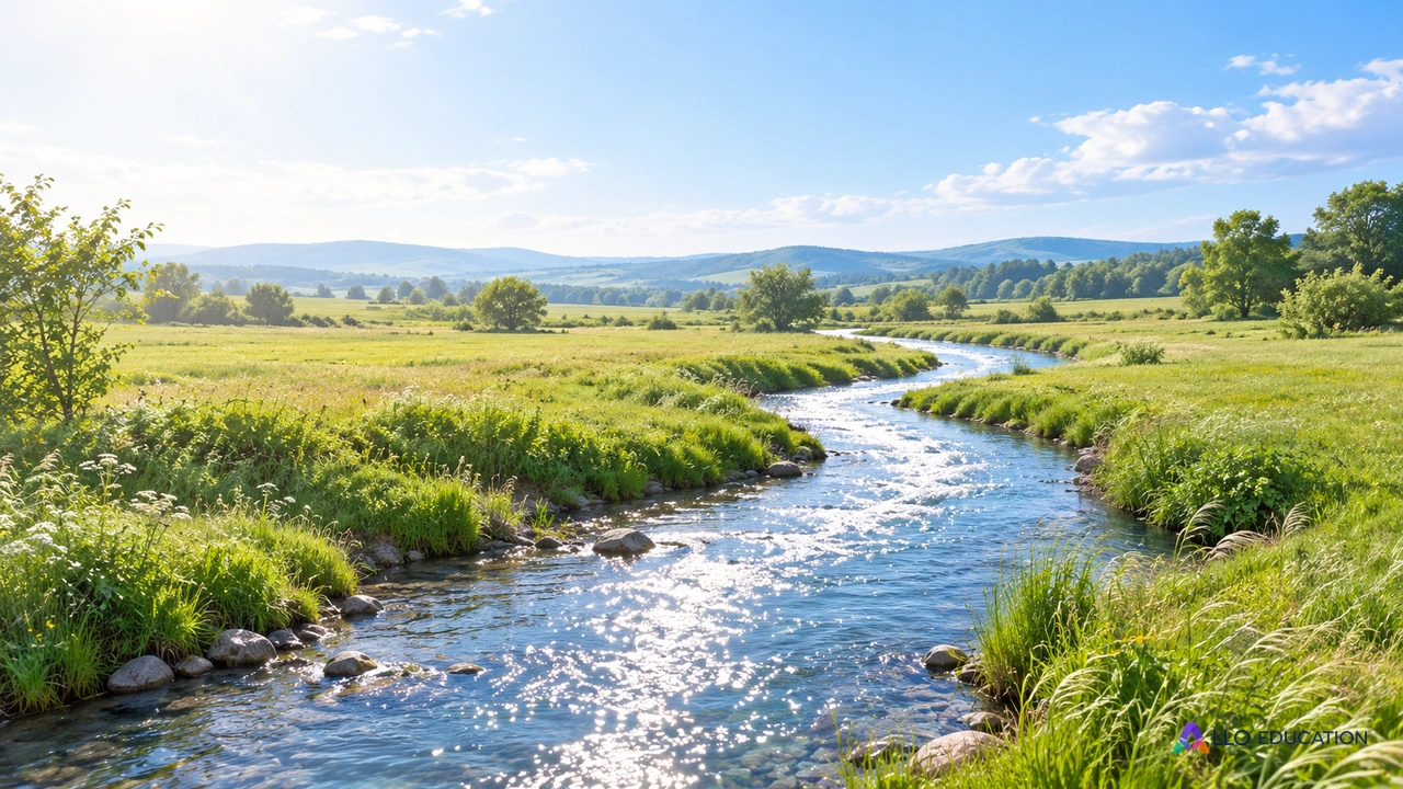 Une rivière sinueuse aux reflets blancs entre deux berges claires.