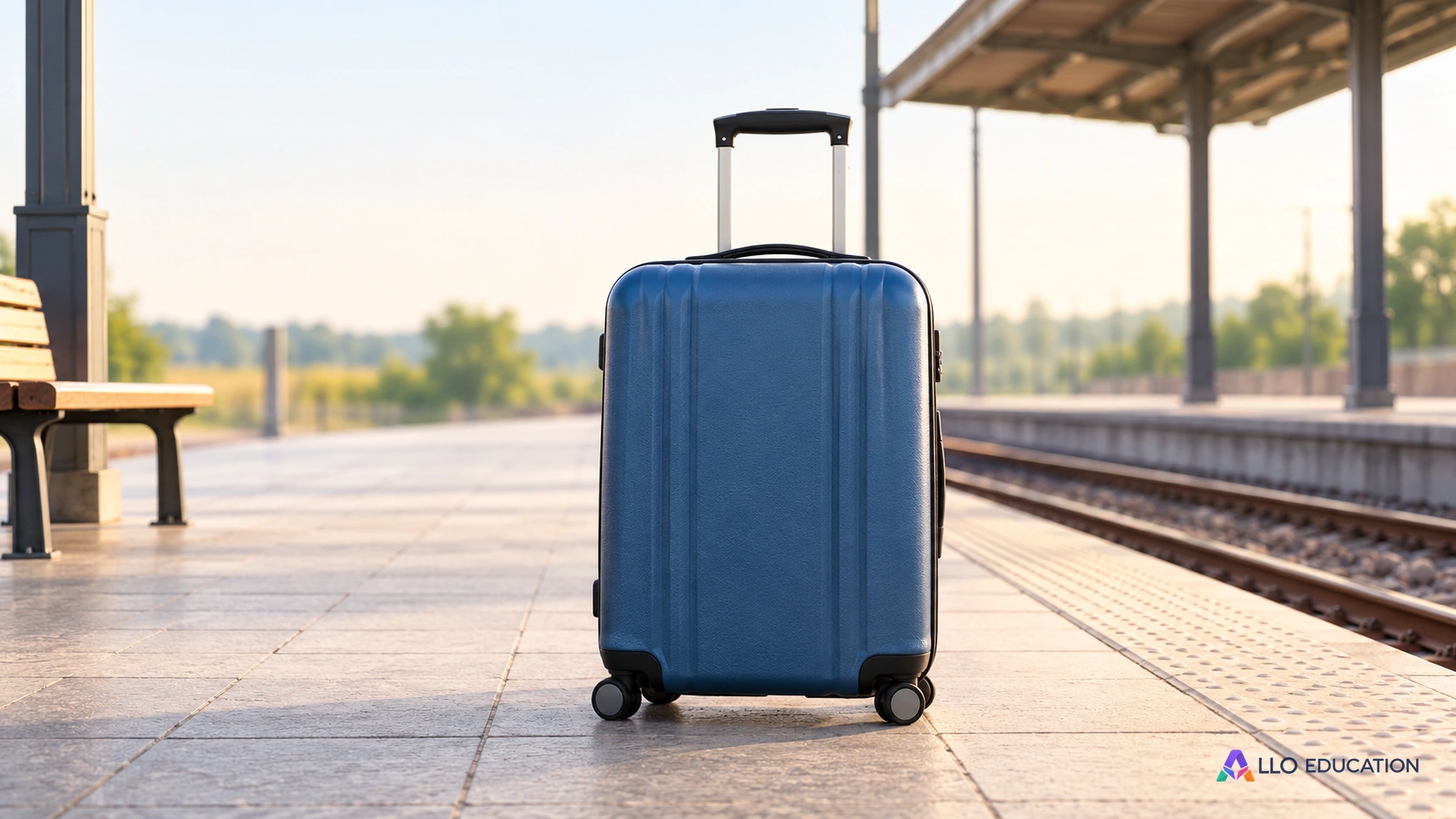 Une valise seule sur un quai de gare calme, sans indication de départ.