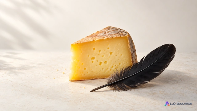 Un morceau de fromage doré avec une plume noire posée à côté, sur fond clair, évoque l’enjeu de la fable.