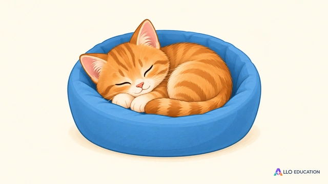 Un petit chat roux dort, roulé en boule dans un panier bleu.