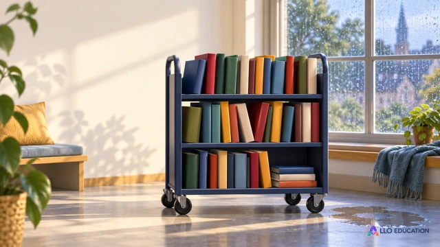 Un chariot de livres à couvert, près d’une fenêtre pluvieuse.