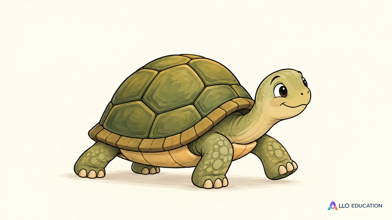 Une tortue illustrée avance, avec sa carapace et ses quatre pattes.