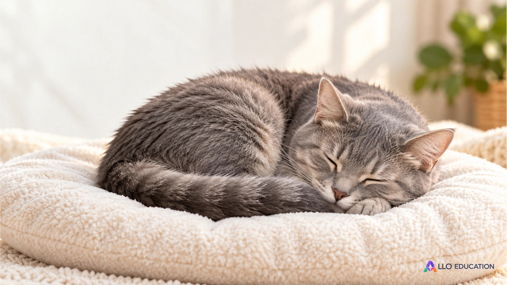 Un chat gris endormi et roulé en boule sur un coussin clair.