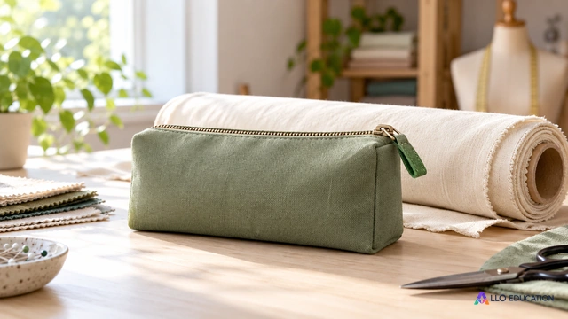 Une trousse textile unie et un rouleau de tissu sur une table claire évoquent un produit vendu et les ressources nécessaires à sa fabrication.