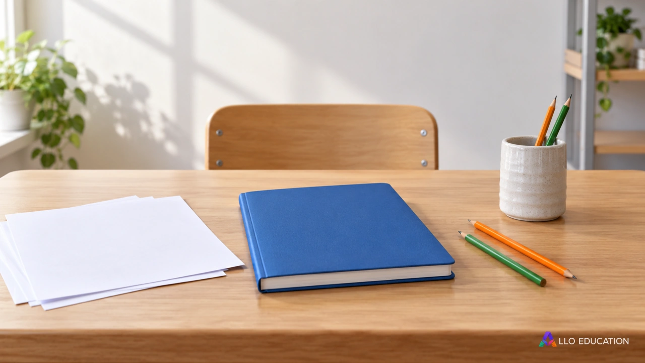 Cahier bleu et feuilles vierges pour évoquer la préparation responsable d’un journal scolaire.
