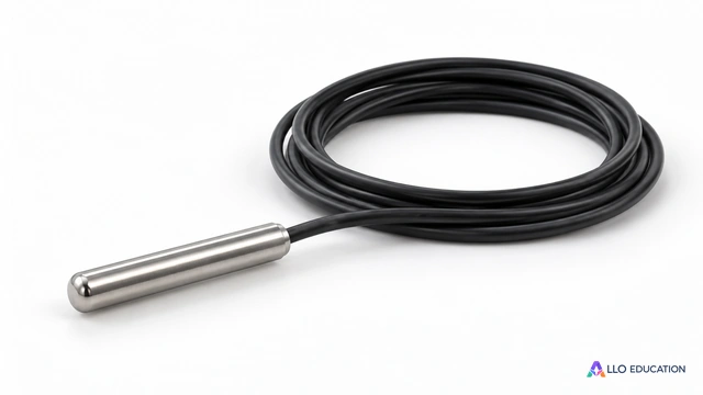 Une petite sonde métallique de température avec son câble, isolée sur fond clair.