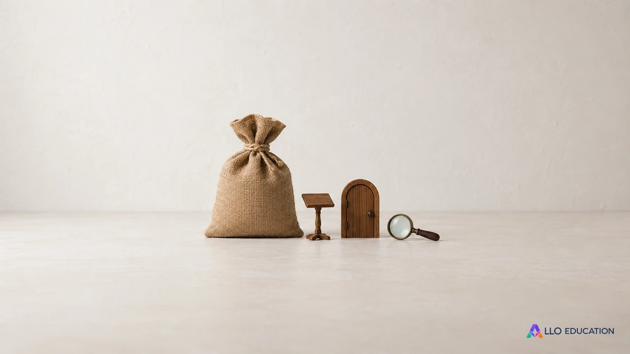 Un sac de toile plus grand qu’un petit pupitre, une porte miniature fermée et une loupe évoquent la lecture d’une satire.