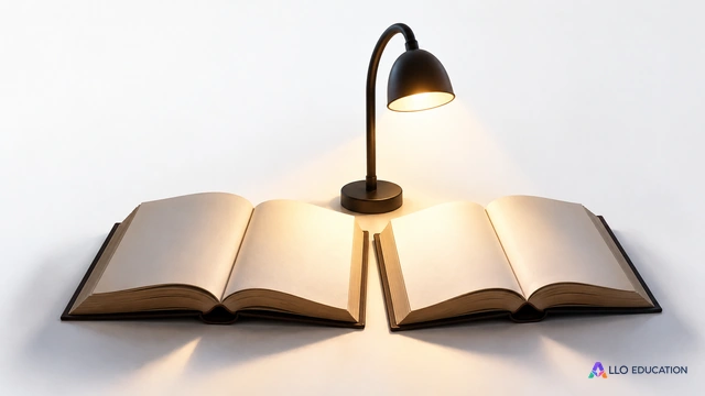Lampe de lecture et deux livres aux pages vierges : comparer des récits imaginaires.