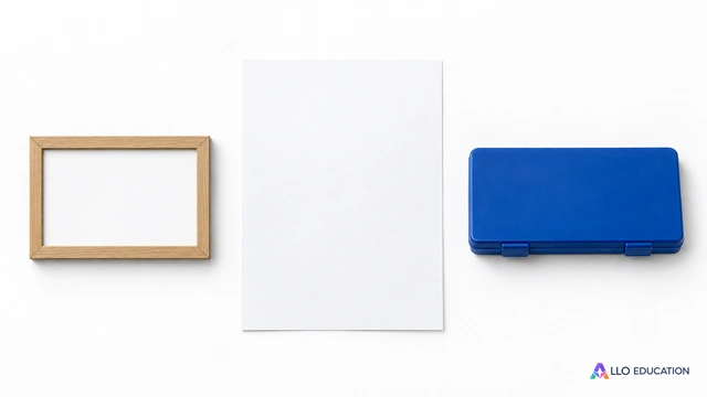 À gauche un petit cadre rectangulaire contenant seulement une surface blanche vierge ; au centre une feuille blanche vierge ; à droite un coffret de peinture bleu fermé sans marque