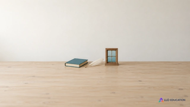 Un petit livre fermé, une plume et un cadre de fenêtre évoquent la voix d’un récit et son regard sur le monde.