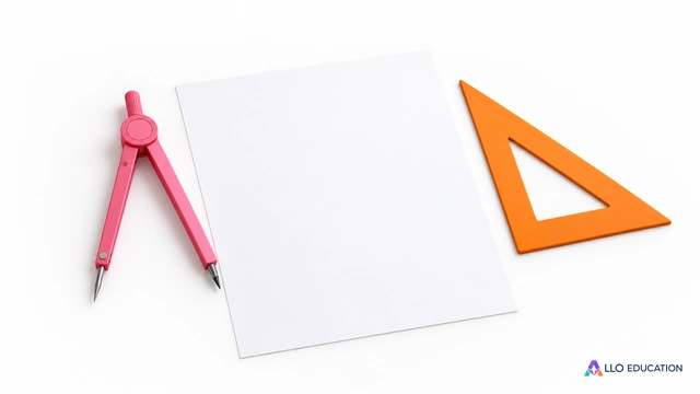 Compas rose et équerre orange sans graduation près d’une feuille vierge.