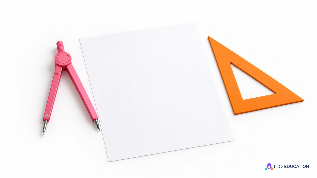 Compas rose et équerre orange sans graduation près d’une feuille vierge.