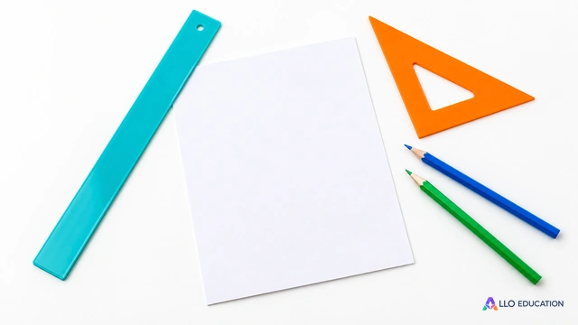 Règle turquoise et équerre orange sans graduation près d’une feuille vierge : instruments illustrés.