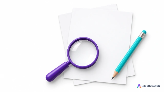 Feuilles vierges, loupe violette et crayon turquoise : supports illustrés pour une reprise en maths.