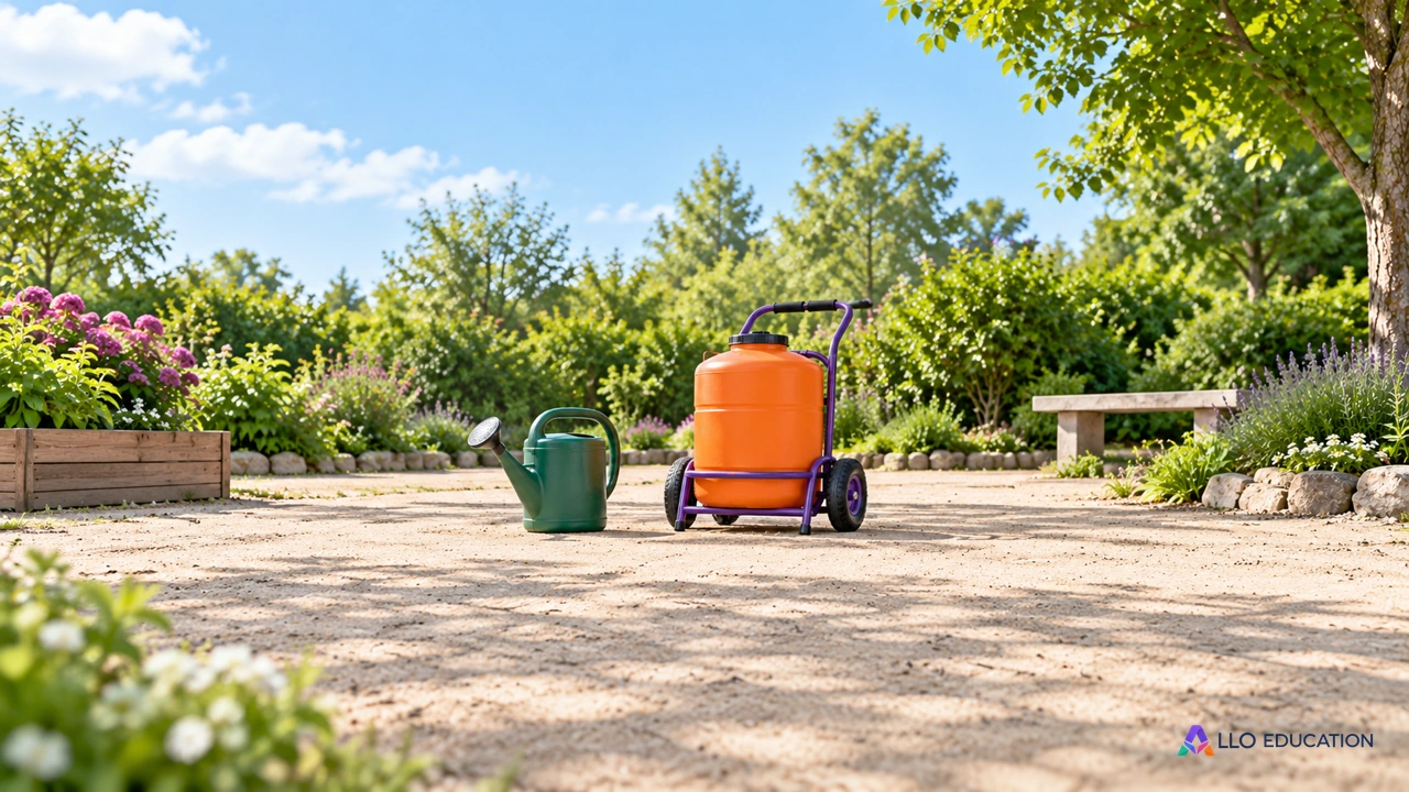 Réservoir orange, chariot violet et arrosoir vert pour évoquer des données de volume, de distance et de temps.