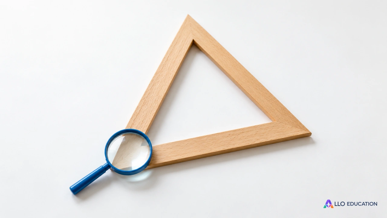 Un cadre triangulaire en bois et une loupe bleue sur fond clair.