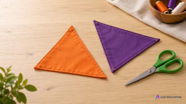 Deux fanions de tissu orange et violet avec des ciseaux, pour évoquer des pièces à rendre superposables.