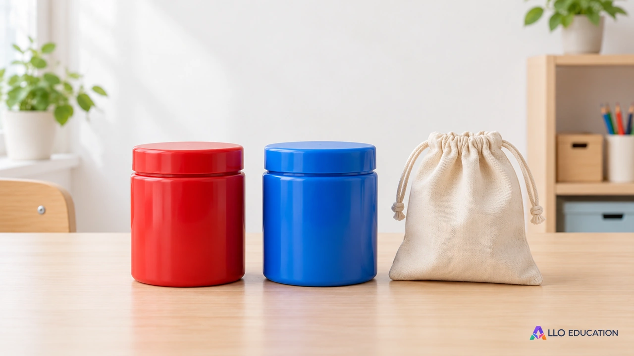 Deux pots fermés rouge et bleu et un sachet vide pour évoquer la répartition de stocks en lots identiques.