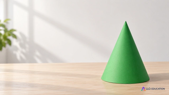 Un cône en papier vert uni posé sur une table claire.