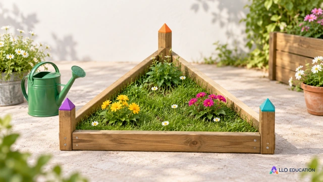 Petit jardin triangulaire avec des piquets colorés, des fleurs et un arrosoir pour évoquer des relations géométriques.