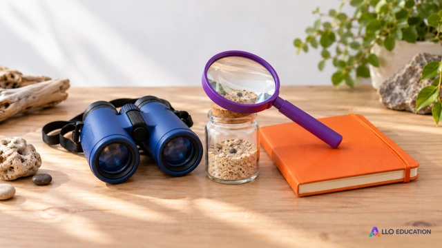 Loupe, grains décoratifs, jumelles bleues et carnet vierge pour évoquer de petits et grands nombres.