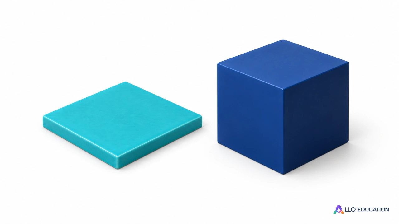Une plaque carrée turquoise et un bloc cubique bleu, sans nombres ni quadrillage.