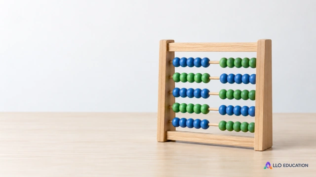 Un petit boulier en bois avec des perles bleues et vertes.