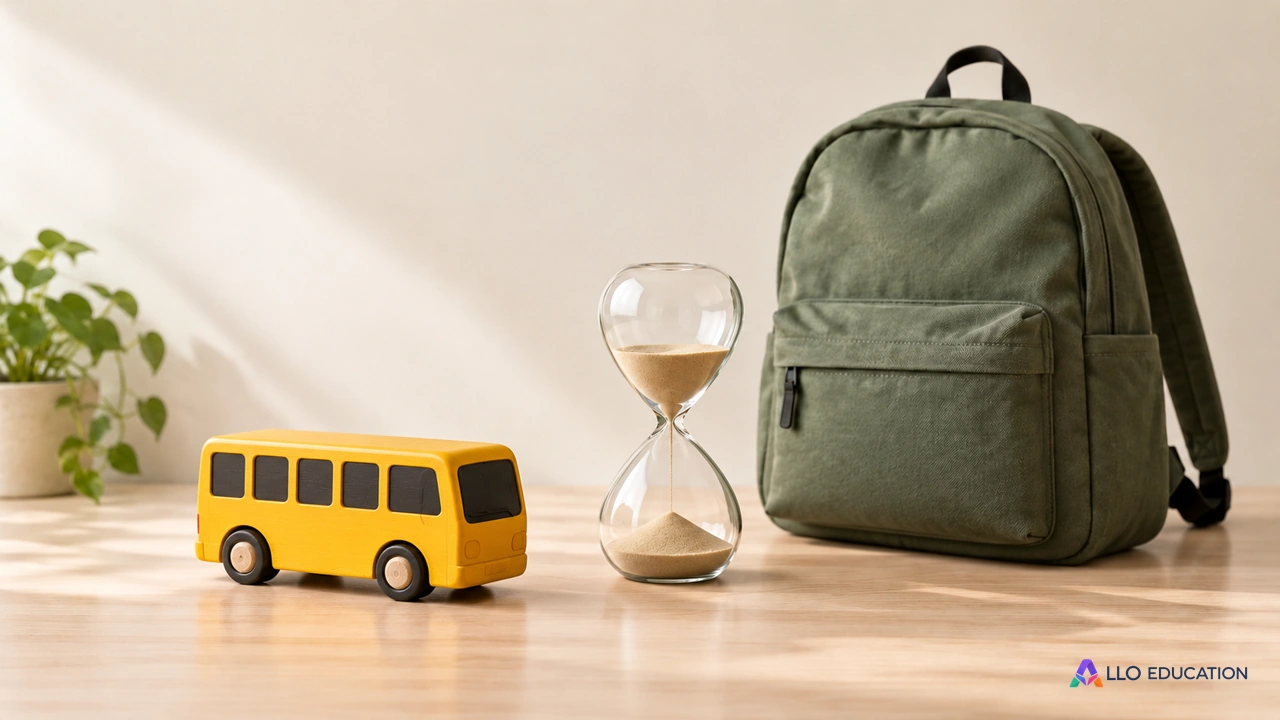 Autobus miniature, sac à dos et sablier pour évoquer un trajet et sa durée.