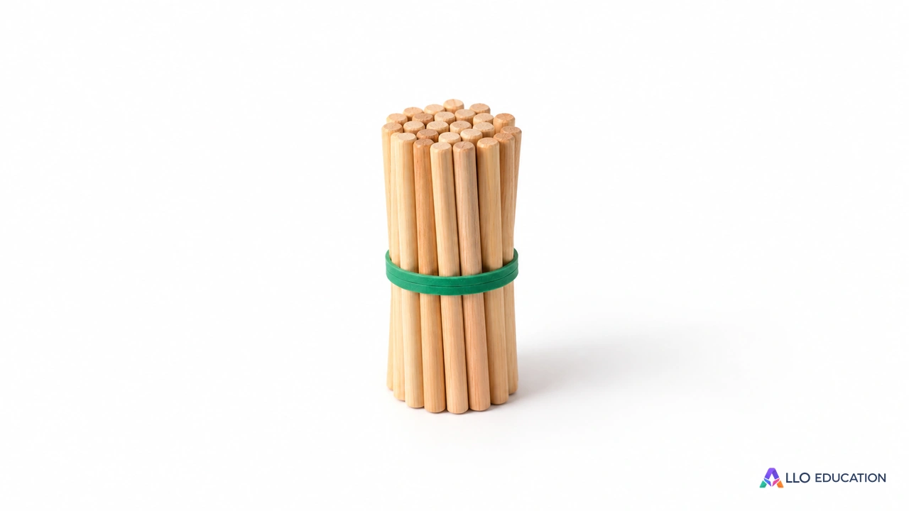 Une botte de baguettes en bois, tenue par un élastique vert.