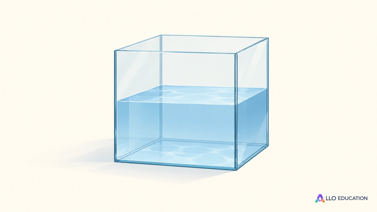 Une cuve transparente entière, ouverte en haut, contenant de l’eau à mi-hauteur, sans graduation ni inscription.