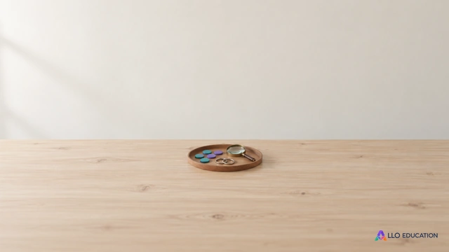 Un petit plateau de jetons, deux anneaux et une loupe évoquent la décomposition et la vérification d’un calcul.