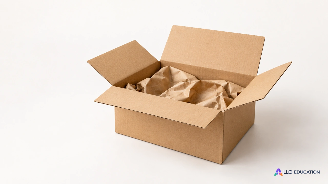 Une petite boîte en carton ouverte avec une feuille de papier kraft, objet entier isolé sur fond clair sans inscription.