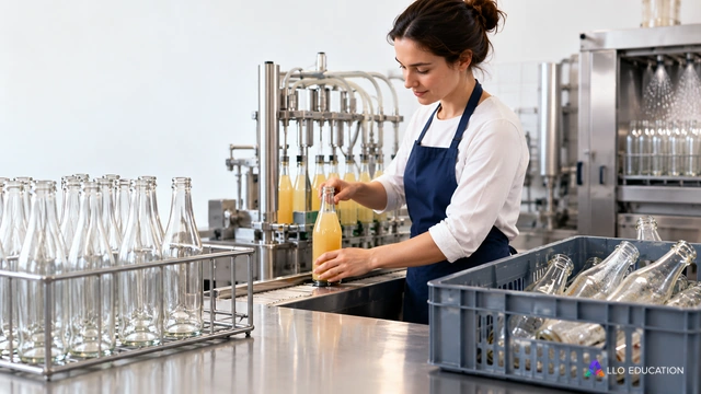 Une employée tient une bouteille remplie ; à gauche des bouteilles propres, à droite un panier de retours distinct.