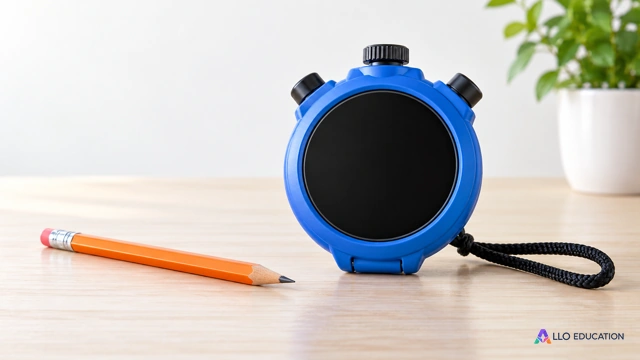 Un chronomètre bleu muet et un crayon orange sur une table claire.