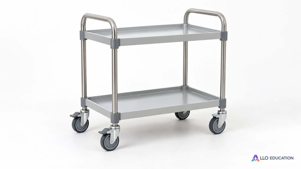 Un petit chariot de laboratoire à quatre roues, isolé sur fond clair, sans charge ni marquage.